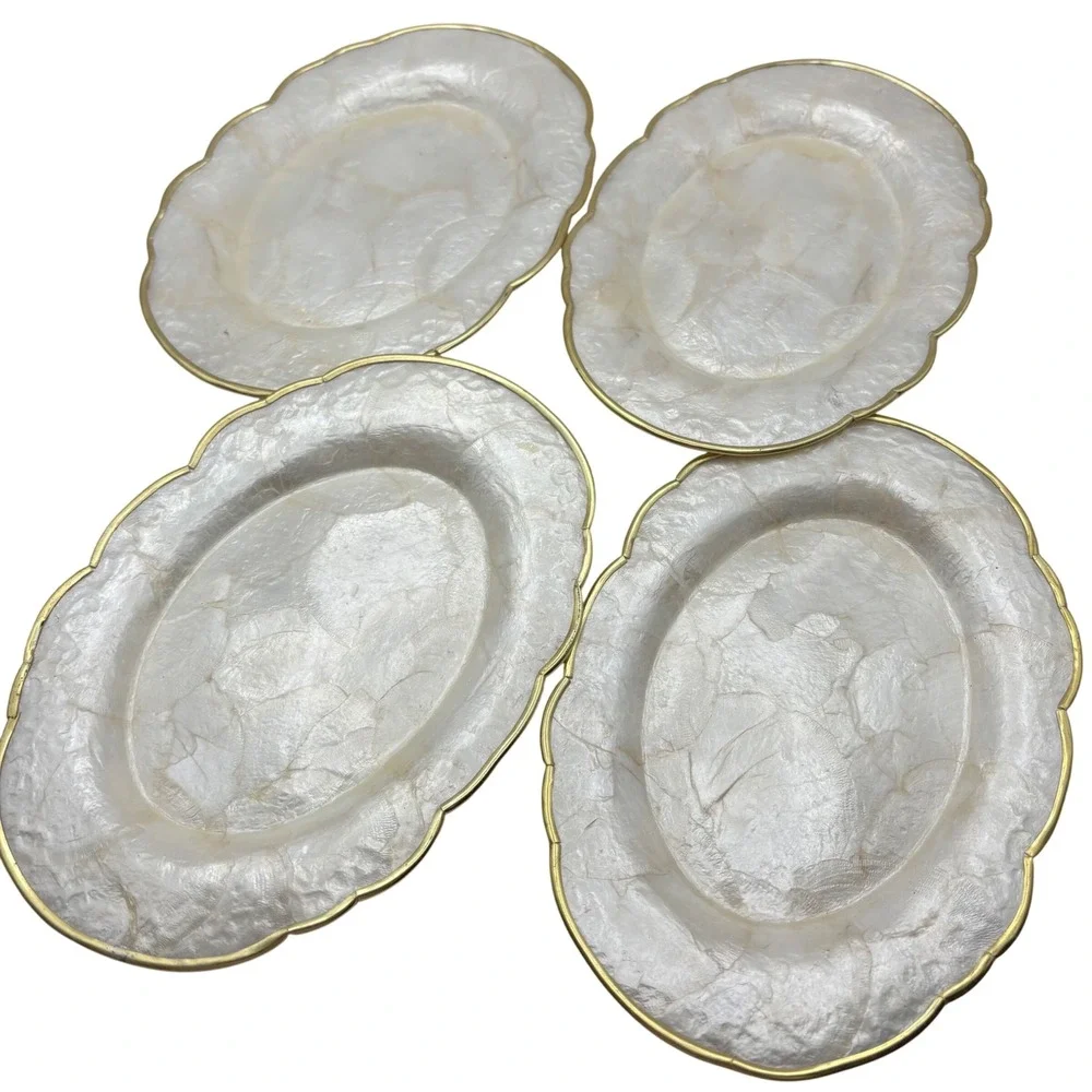 Vintage Mother of Pearl Capiz Shell Scalloped Gold Rim Oval Plates Set of 4